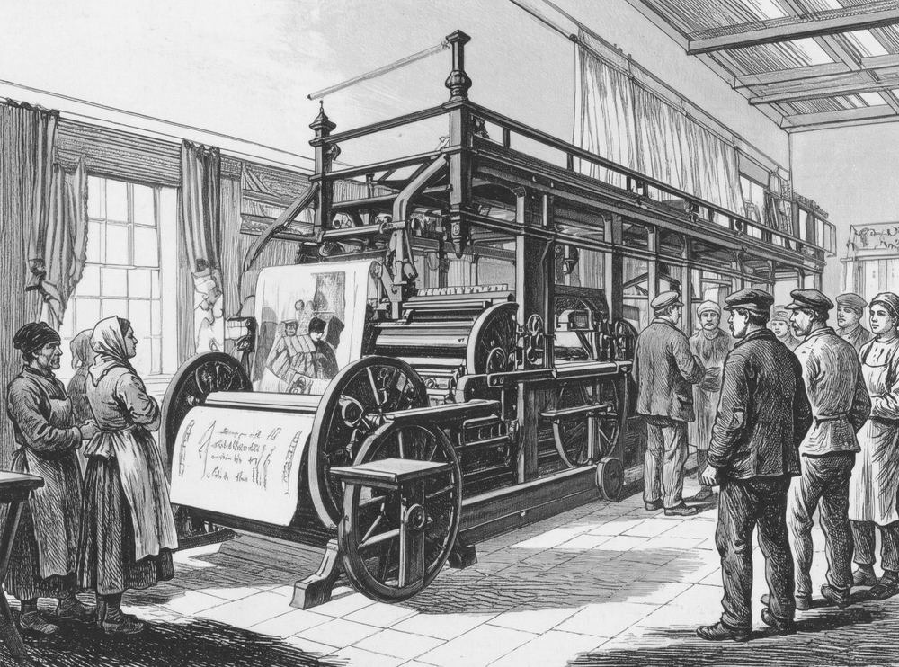 Rotativa da stampa in officina, incisione XIX secolo