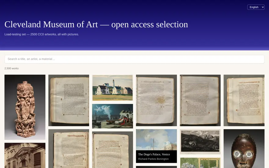 La collezione del Cleveland Museum of Art a mosaico: decine di opere affiancate, con un campo di ricerca in alto.